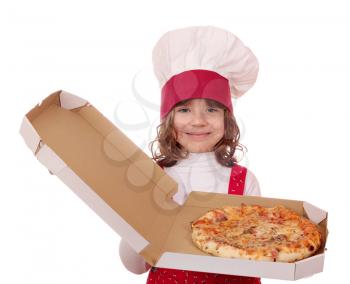 little girl cook hold box with pizza