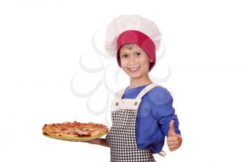 boy chef hold pizza and ok hand sign