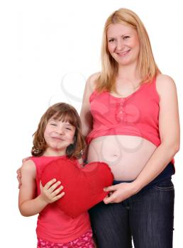 daughter and pregnant mother with big red heart 