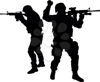 Army or police special forces tactical unit, SWAT team, counter-terrorist group fighters moving forward, giving hand signals, aiming and shooting with service rifle vector silhouette isolated on white