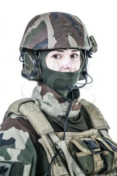Female paratrooper of french 1st Marine Infantry Parachute Regiment RPIMA studio shot