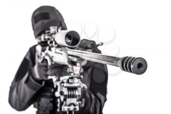 Close up studio shoot of sniper rifle barrel with police counter-terrorist team, SWAT sniper shooter aiming through telescopic optical sight on rifle mounted on tripod, isolated on white background