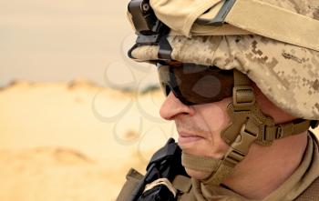 US soldier in the desert half-turned to the camera