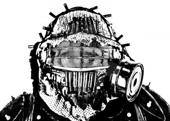 Close up portrait of nuclear post-apocalypse survivor, living underground mutant or creature, skilled stalker wearing rags and armored full-face gas mask or air breathing apparatus, toned shoot