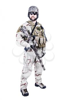 Bearded special warfare operator with assault rifle