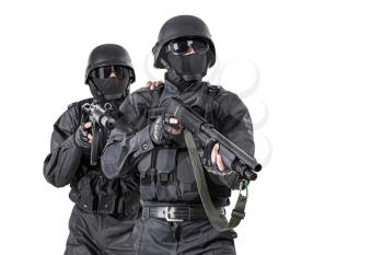 Spec ops officers SWAT in black uniform in action