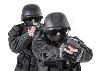 Spec ops officers SWAT in black uniform in action