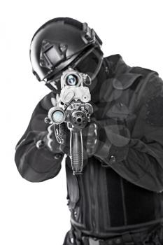 Studio shot of swat police special forces automatic rifle black uniforms, isolation on white, cropped defocus blurred
