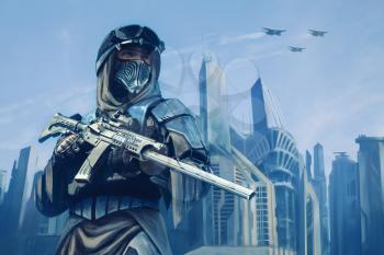 Warrior with weapons in front of skyscrapers of future city 