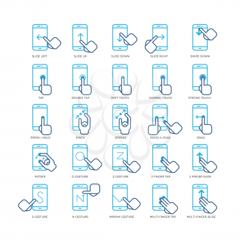 Touch screen hand gestures for smartphones outline icons set. Gesturing screen icon, gesture point smartphone, press gesture illustration