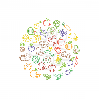Fruit and vegetable vector logo with line icons. Fruit food and icon vegetable, organic healthy fruit illustration