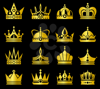 Gold crown vector set. Luxury gold and king crowns, classic royal crown set vector illustration