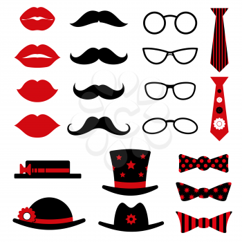 Photo booth birthday and party vector set with lips, mustaches, glasses, hats and bow tie. Photo booth for masquerade, mustache and glasses photo booth accessory illustration