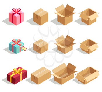 Cardboard and gift boxes opened and closed. 3D isometric vector icons for delivery infographics. Cardboard box, gift box and package carton box vector illustration