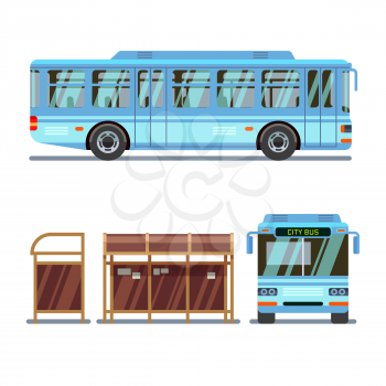 Bus stop and city bus. Stop for bus city, transport bus for passenger travel. Vector illustration