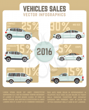 Vehicles sales vector infographics in flat style with car models. Vehicle business sale, service sale, vehicle retail, infographic sale illustration