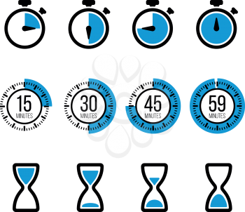 Timer icons. Vector isolated timers icons and stopwatch signs