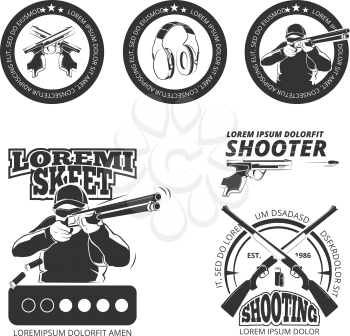 Vintage gun, pistol club vector labels, emblems, badges, logos. Shooting gun, shooting pistol emblem, shooting sport illustration