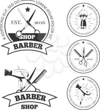 Vintage barber shop vector logo set. Barbershop labels or barber shop emblems with comb and scissors, hair dryer and shaving brush