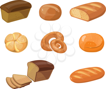 Bread bakery products vector cartoon icons. Food bakery bread icon and pastry bakery breakfast illustration