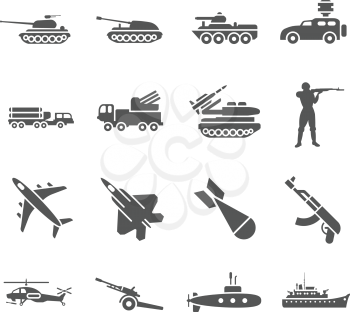 Army, military vector icons set. Military weapon, military rocket, military transport illustration