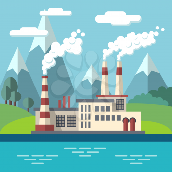 Industrial factory flat ecology vector concept background. Environmental protection. Ecology environment and factory power, pollution factore to nature illustration