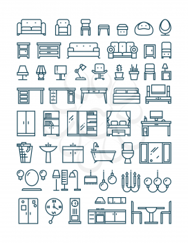 Furniture and sanitary line thin vector icons. Furniture interior set icon and furniture for home room kitchen and bathroom illustration