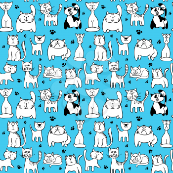 Vector seamless pattern with cute cats. Animal character cat muzzle and backdrop with feline cat and footprint illustration