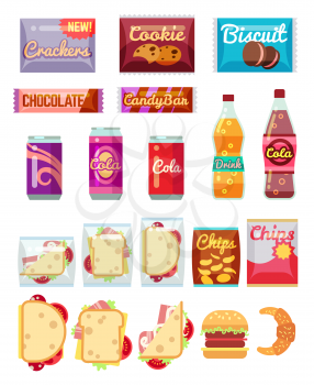 Vending machine products packaging. Fast food, snacks and drinks vector icons in flat style