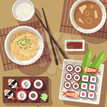 Dining table with japanese food in top view. Restaurant asian vector concept