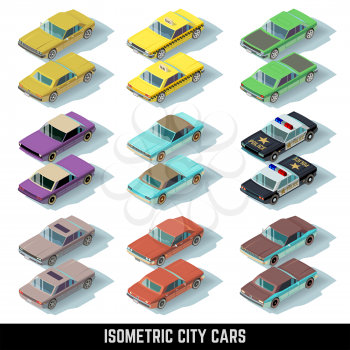 Isometric city cars vector icons in front and rear views. Isometric collection transport car. Police and taxi model car illustration