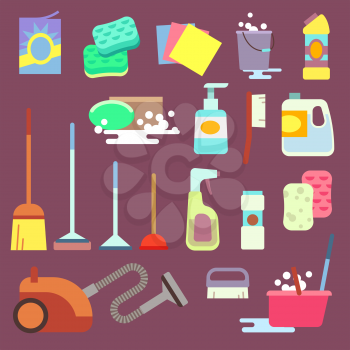 Cleaning maid equipment or cleaning service vector flat icons. Equipment for housework domestic cleaning vector illustration