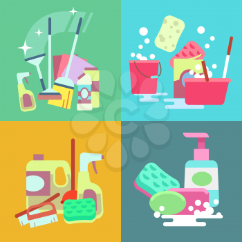 Cleaning service vector concept background set. Sponge and sweep for cleaning, element duster bucket and brush to cleaning illustration