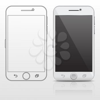 Outline and realistic smartphone, cell phone vector design template in thin line style. Screen gadget phone and digital smart phone portable illustration