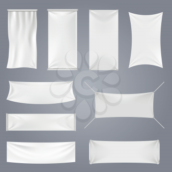 White blank textile advertising banners with folds vector templates. Empty smooth poster or placard set for advertising