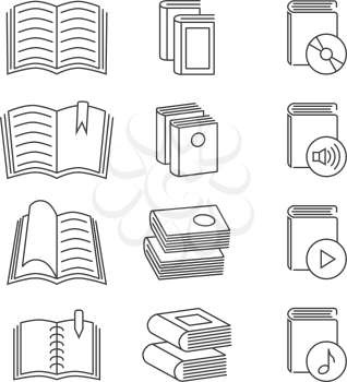 Book line thin vector icons set. Education media book and innovation book information illustration