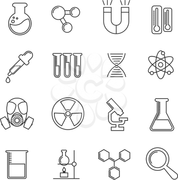 Chemistry vector thin line icons set. Science chemistry illustration and microscope with flask for study chemistry
