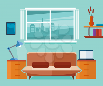 Home office interior with sofa and laptop. Freelancer workplace. Interior room with laptop and sofa, work interior office space. Flat vector illustration