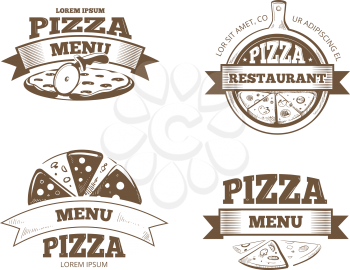 Pizza menu restaurant vector labels, logos, badges, emblems set. Logo for italian pizzeria, restaurant emblem with pizza illustration