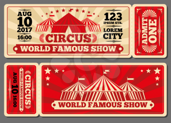 Circus magic show entrance vector tickets templates. Ticket for entrance to circus and illustration template ticket to event