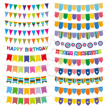 Colorful bunting flags and garlands. Birthday and party vector decoration. Color pattern flag on string, carnival decoration flag hanging illustration