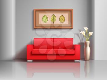 Realistic red sofa and flowerpot in living room interior. Modern realistic interior apartment with furniture comfortable sofa. Vector illustration