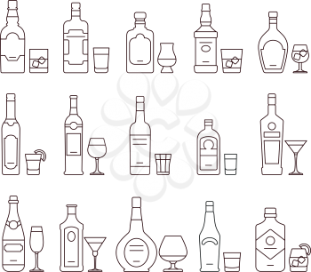 Alcohol drink beverages outline icons, bottles and glasses thin line symbols. Beverage alcohol bottle and glass, illustration set of beverage