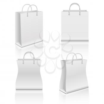 White realistic blank paper shopping bags vector set. Paper bag for shopping, illustration bag for merchandise