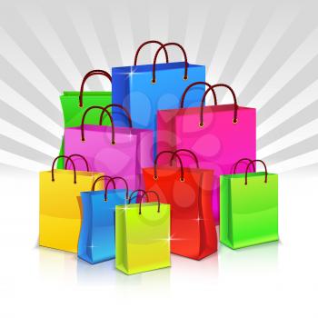 Color shopping bags. Discount concept. Set of paper bag for shopping. Heap of packs for shopping. Vector illustration