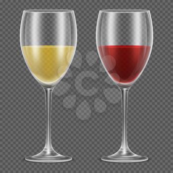 Realistic vector wineglasses with red and white wine on checkered background. Wine in glass vector illustration