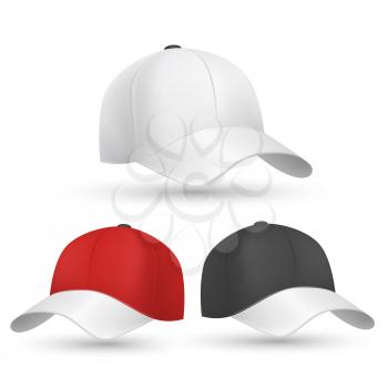 Baseball cap black, white and red vector templates. Cap for protection head from sun and illustration model cap for baseball