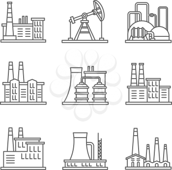 Heavy industry power plant and factory thin line vector icons. Set of nuclear factory, illustration power industry of factory