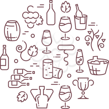 Wine vector logo with outline icons. Outline logo with wine, illustration bottle of wine and accessories