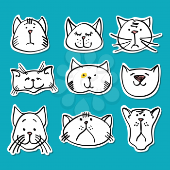 Cute doodle cats stickers collection. Set of white cats. Vector illustration